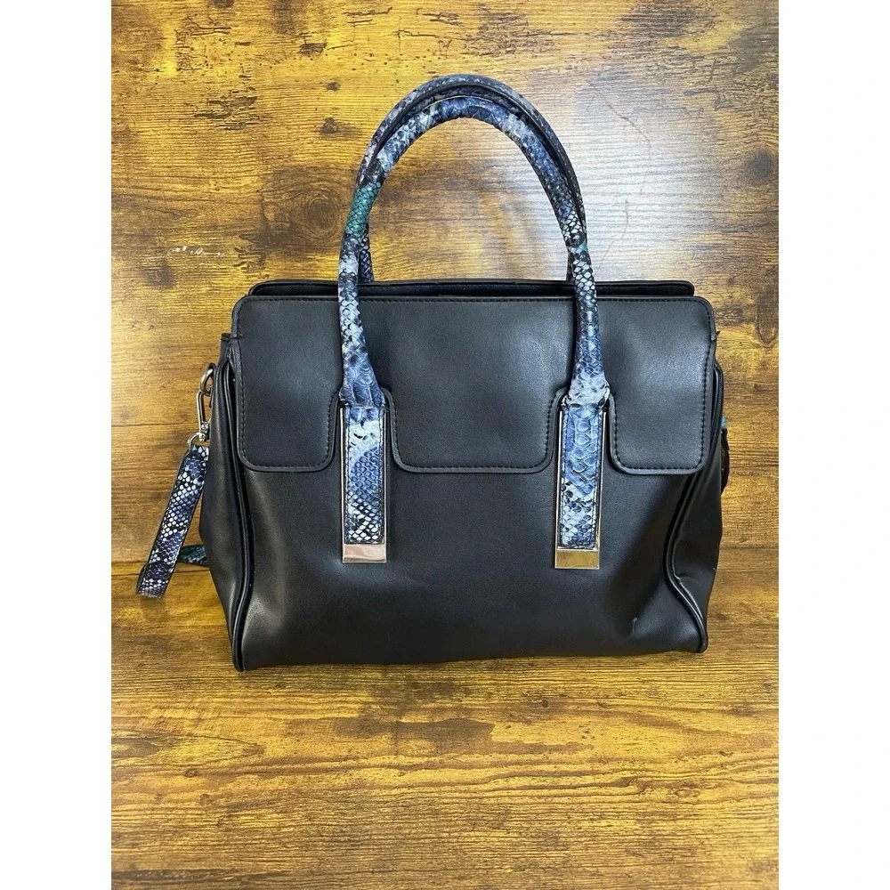 Christian Siriano‎ New York Black Faux Leather Satchel Tote Blue Python B1